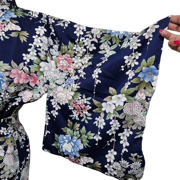 WOMEN'S YUKATA ROBE JAPANESE SUMMER KIMONO CHERRY BLOSSOM NAVY OS - Picture 8 of 13